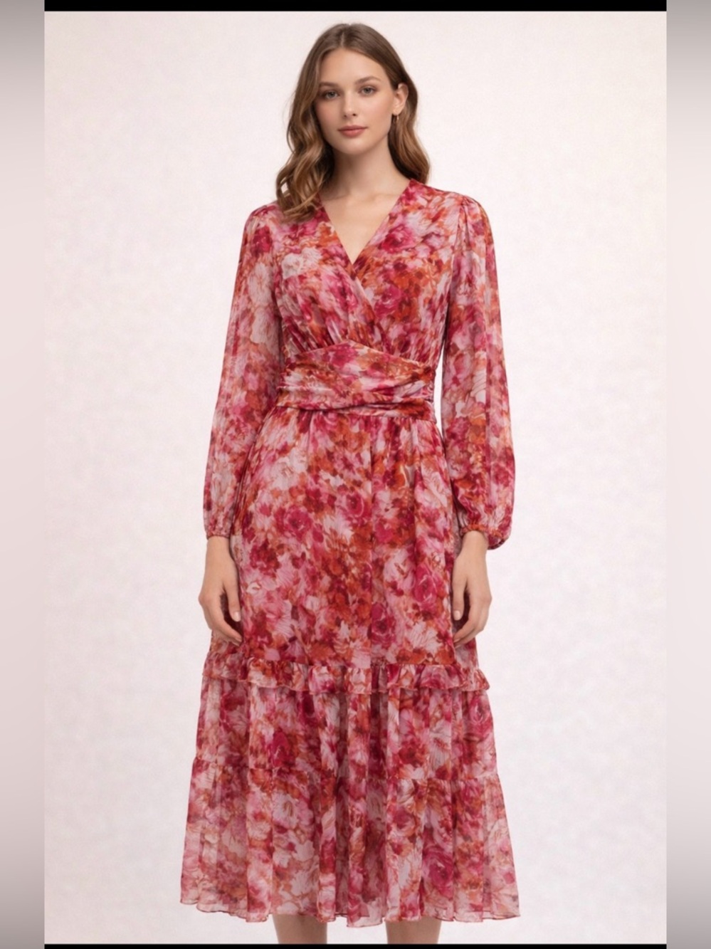 Stunning Pink and Rust Floral Tiered Maxi Dress